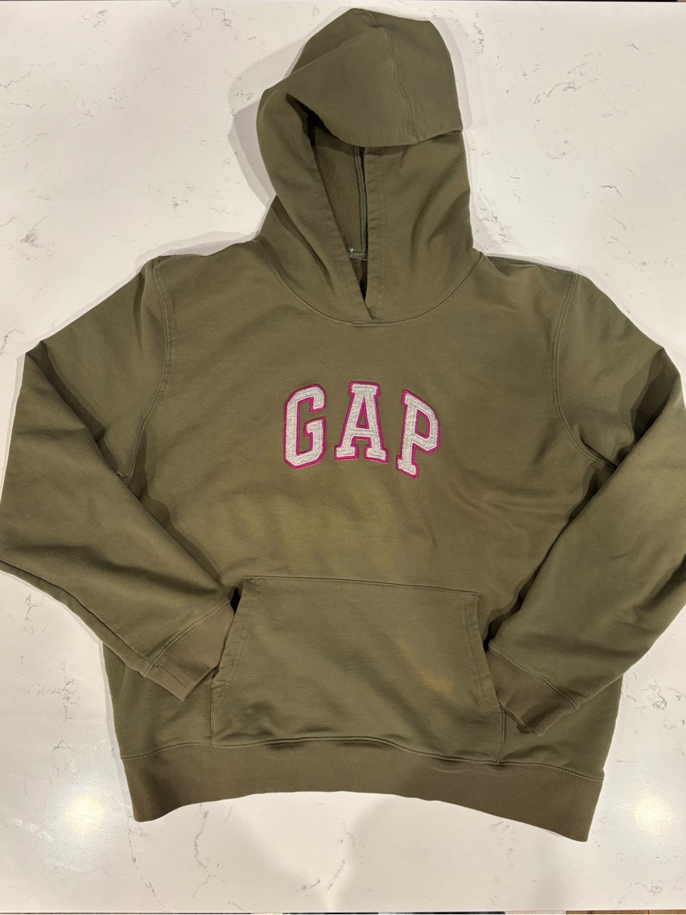 GAP Olive Hoodie with Pink and Grey Arched Logo-Size M